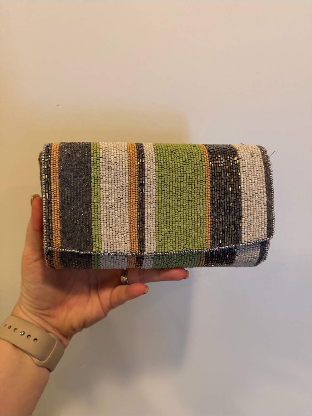 Anthropologie Beaded Stripe Clutch Wallet - Green, Gray & Cream